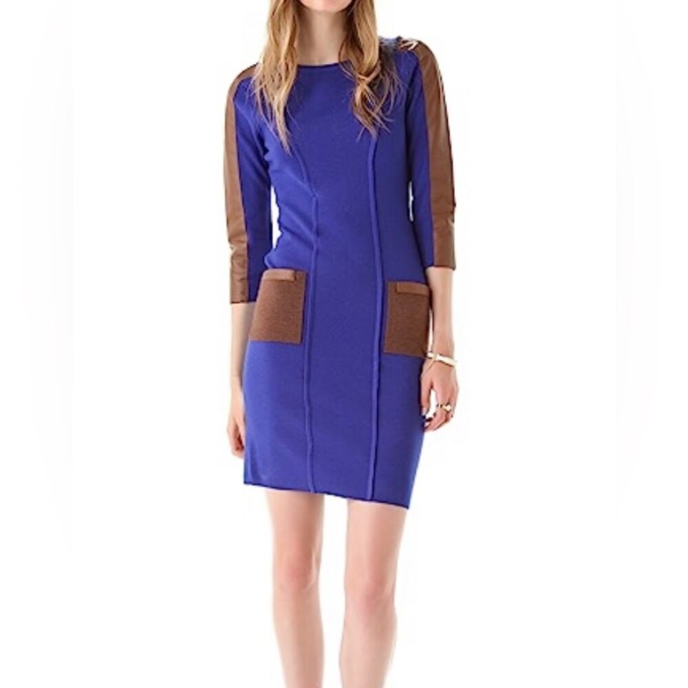 *NWT*‎ Rachel Roy-Medino Dress-Blue Wool Blend & Camel Leather-Large